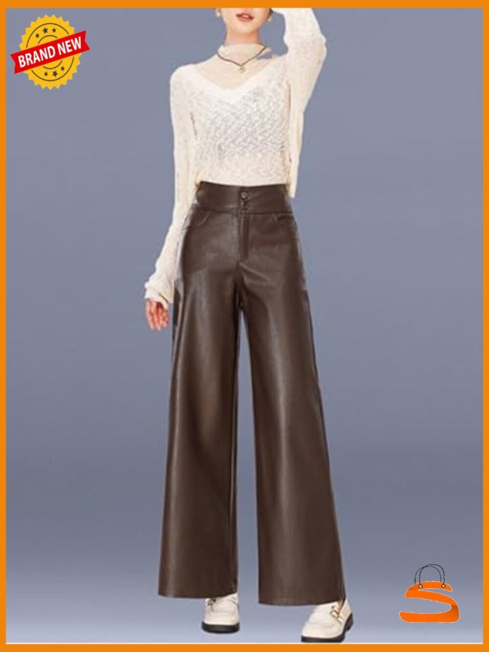 High Waist Wide Leg Faux Leather Palazzo Pants With Pockets - Picture 3 of 5